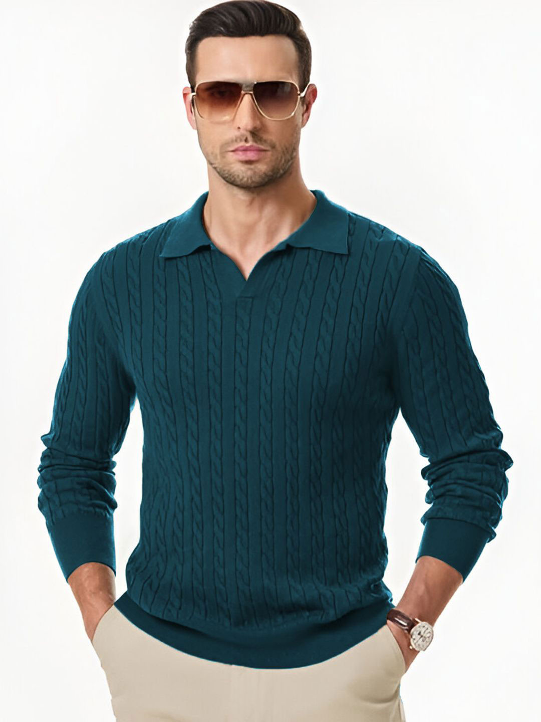 TYSORT Men Shirt Collar Full Sleeve Cable Knit Woollen Pullover