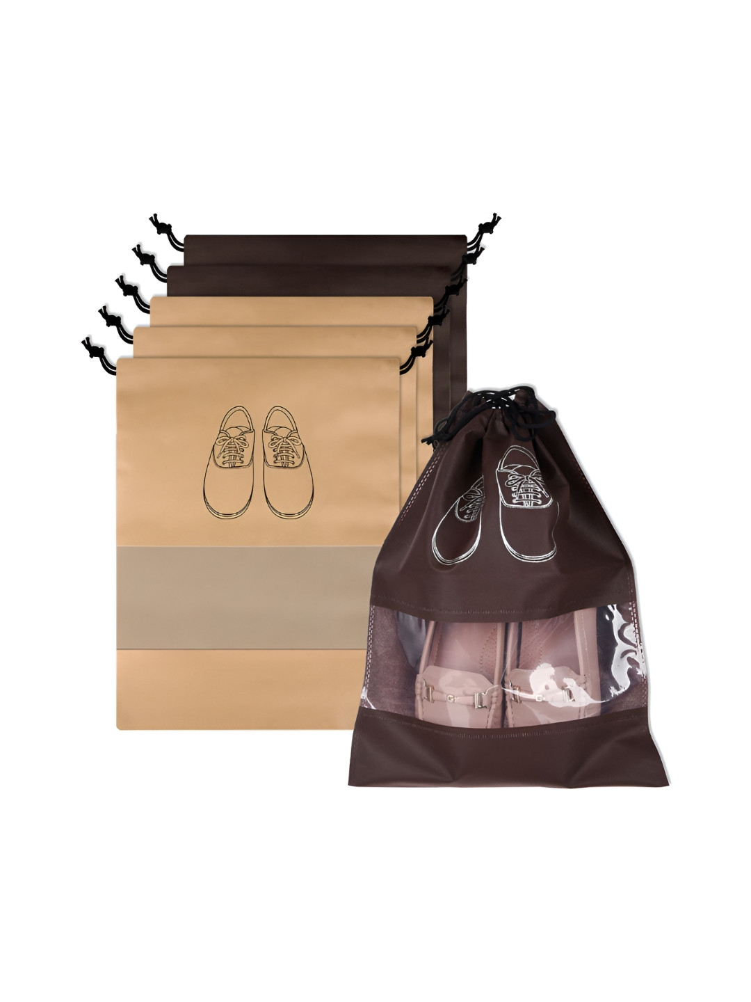 Aura Beige & Coffee Brown 6 Pieces Printed Water Resistant Shoe Cover Bag Organisers