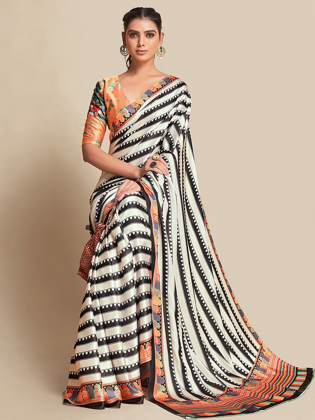 Mitera Striped Printed Banarasi Silk Saree with Blous Piece