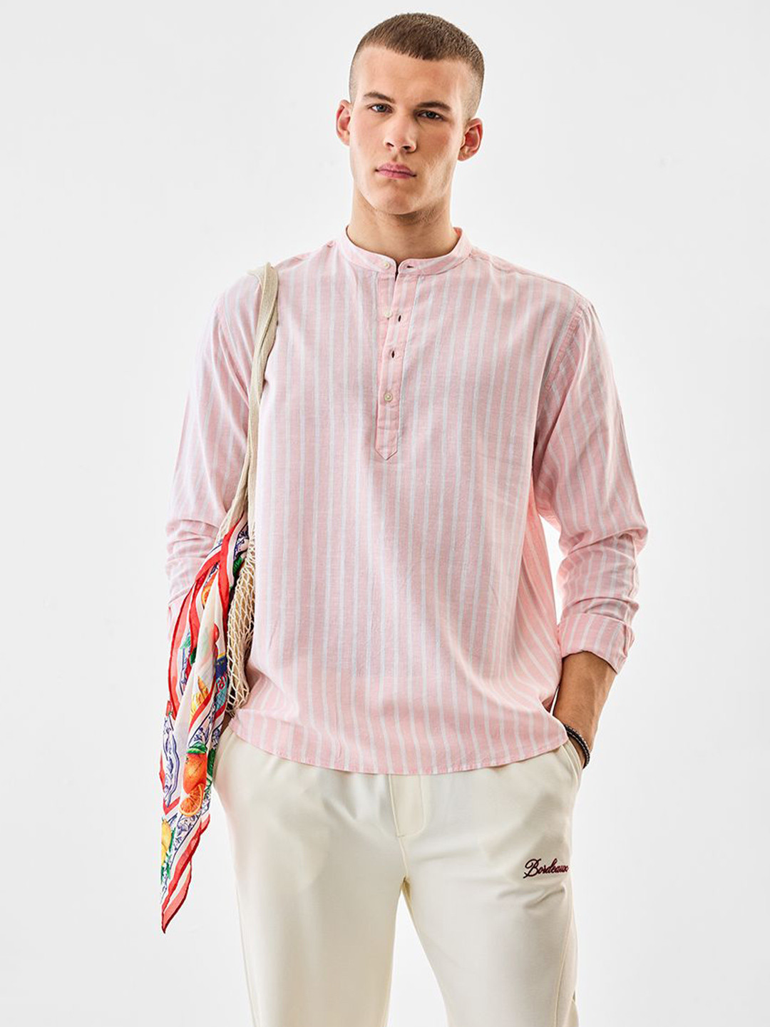 Snitch Striped Band Collar Straight Kurta
