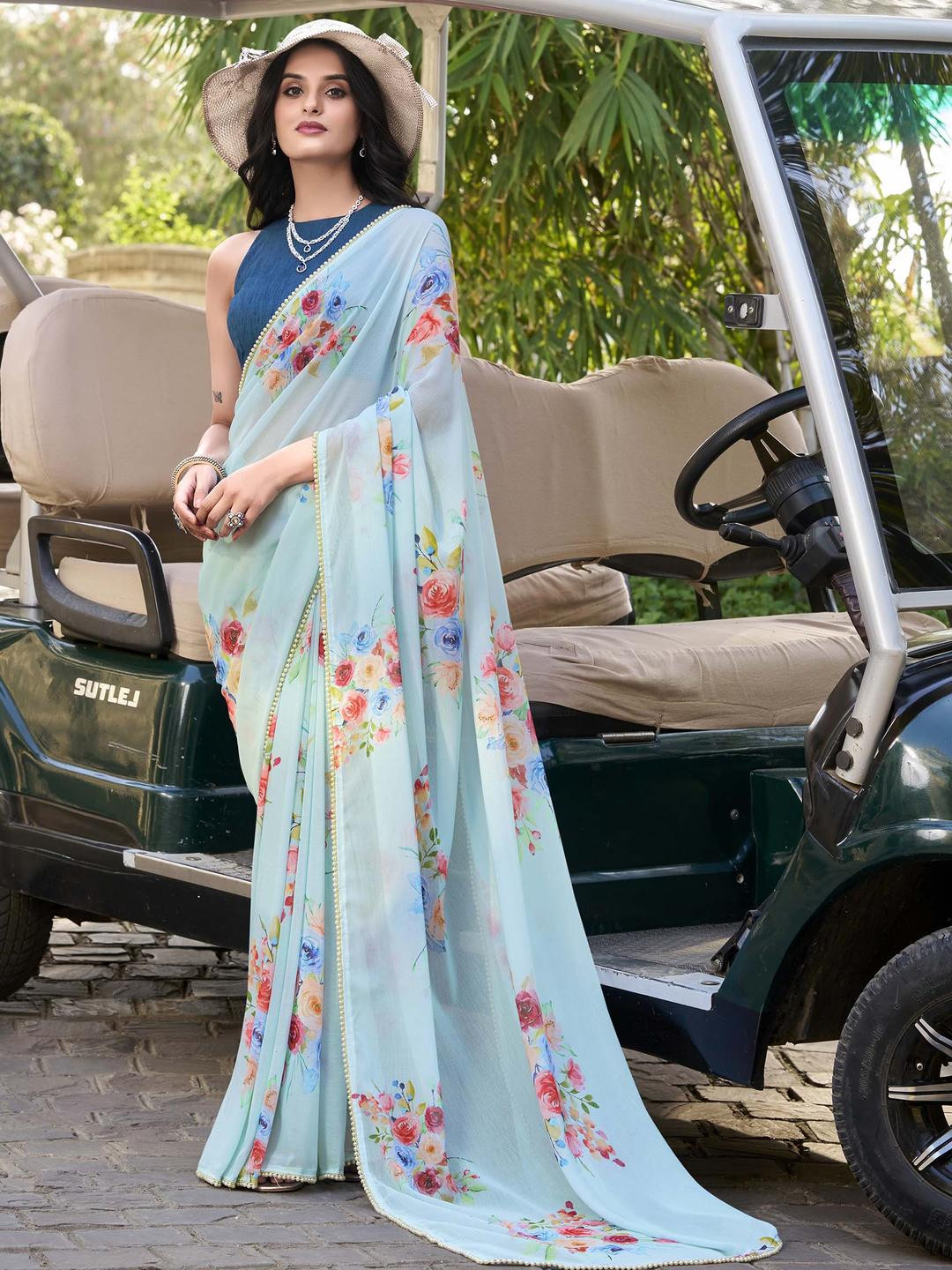 LOOKNBOOK ART Floral Weightless Marble Saree with Floral Prints & Pearl Lace