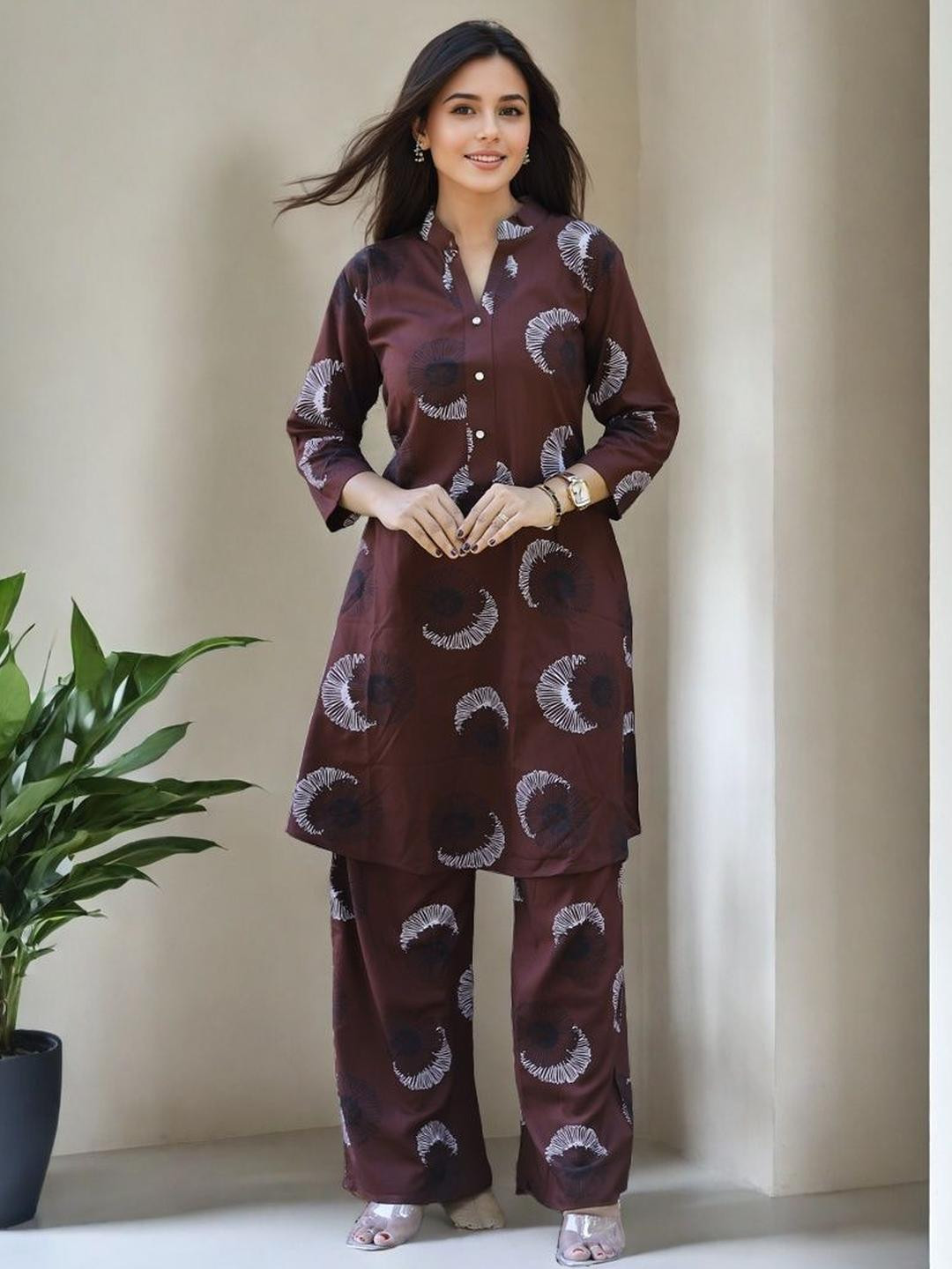 Coffee Brown Printed V-Neck Tunic with Trousers Co-Ords