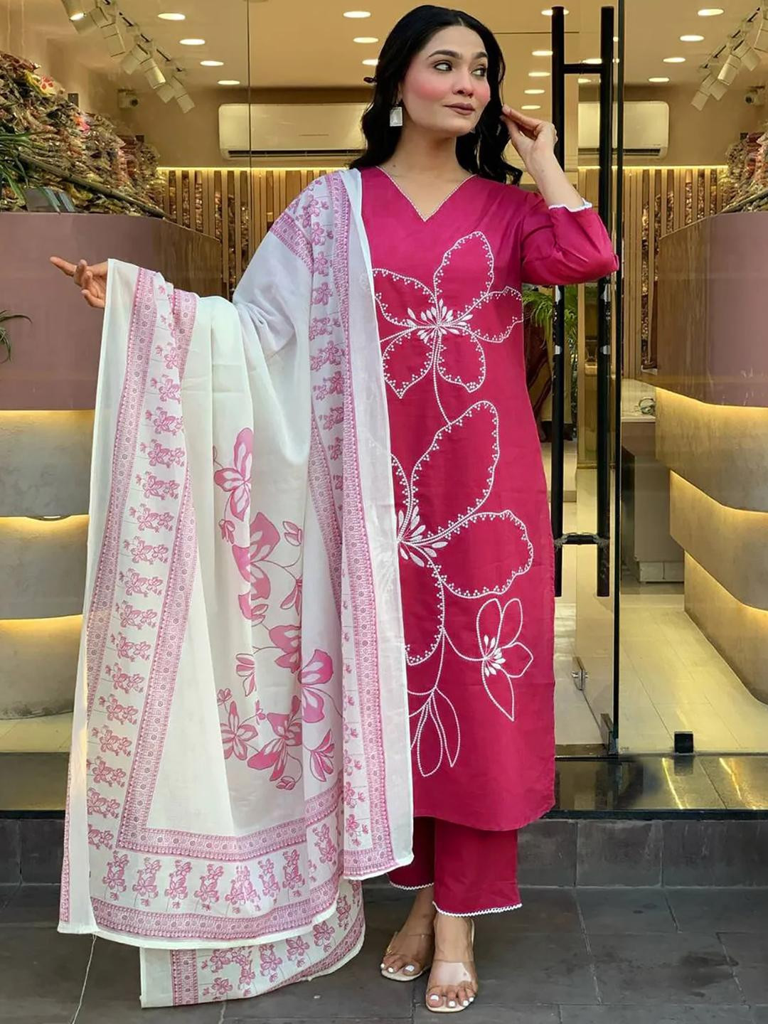 dearthank Women Pink Embroidered Silk Blend Kurta & Salwar With Dupatta