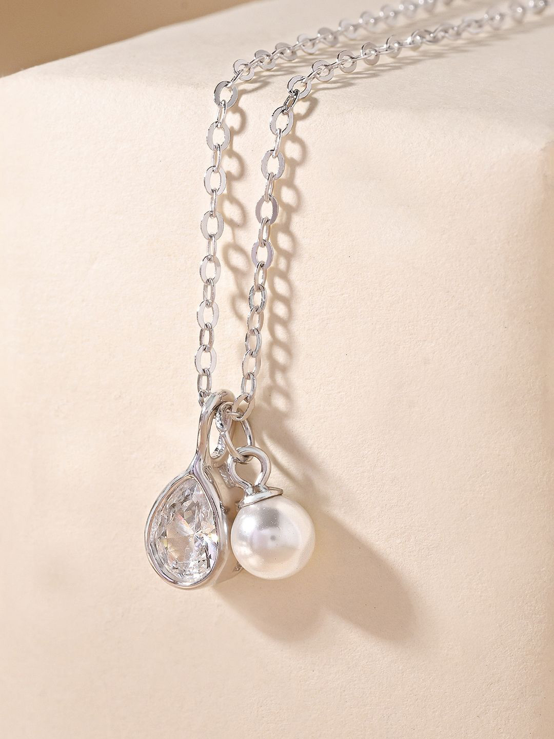 TOUCH925 925 Silver Cubic-Zirconia Studded & Pearls Beaded Teardrop Pendant With Chain