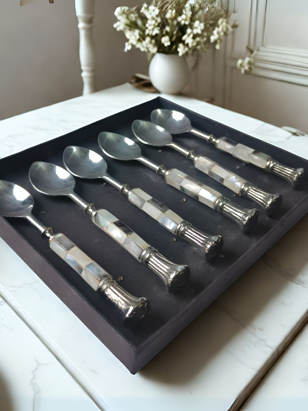 THE HOME CO. Silver-Toned & White 6 Pieces Checks Design Stainless Steel Table Spoons