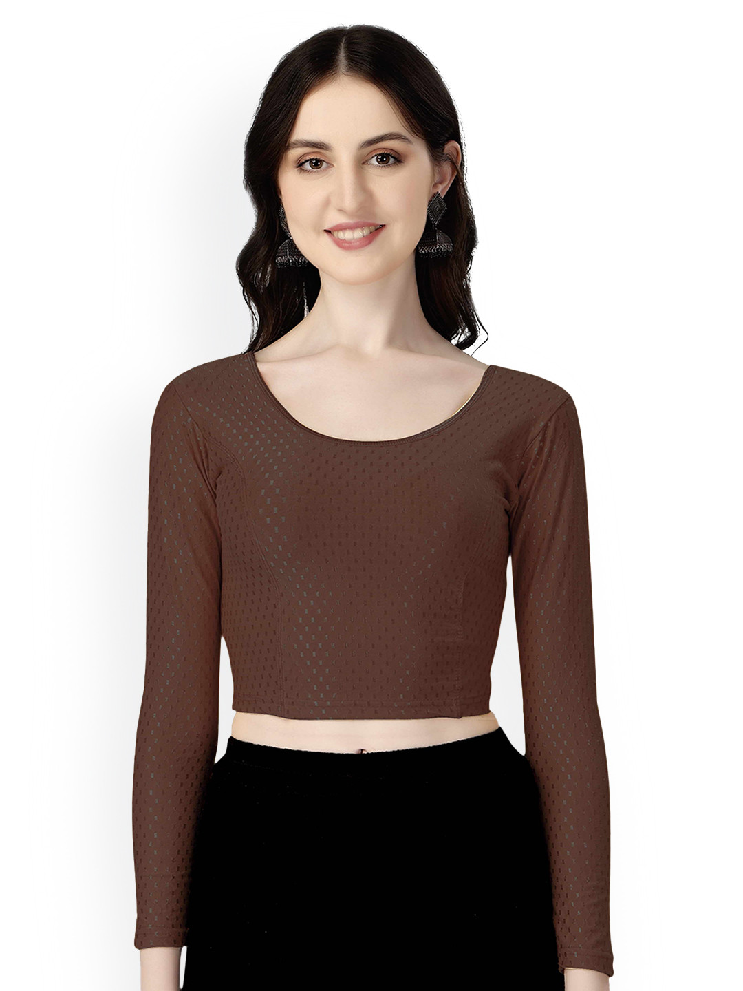 HERE&NOW Women Brown Round Neck Long Sleeves Stretchable Polyester Saree Blouse