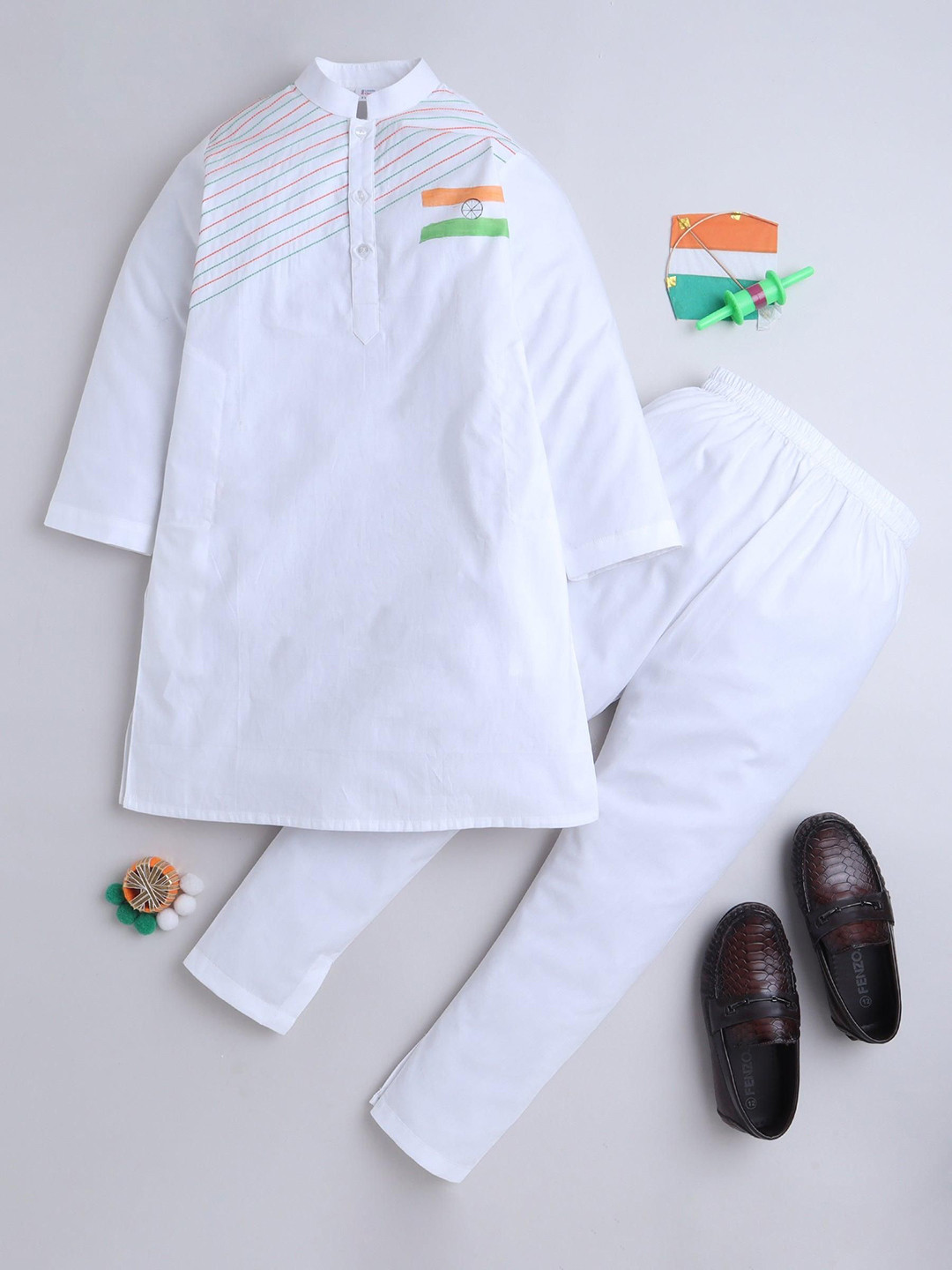 Little Clothings Boys White Hand-Painted Independence Kurta Set