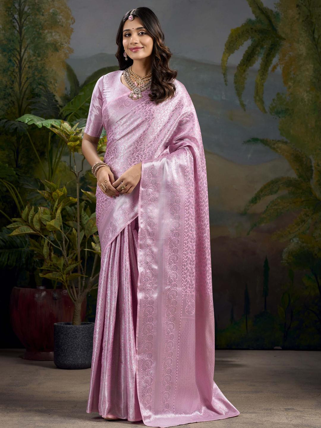 LOOKNBOOK ART Pink Silk Blend Kanjeevaram Sarees