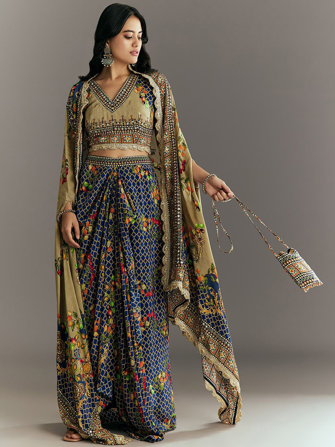 KALKI Fashion Embroidered Muslin Top With Skirt & Cape