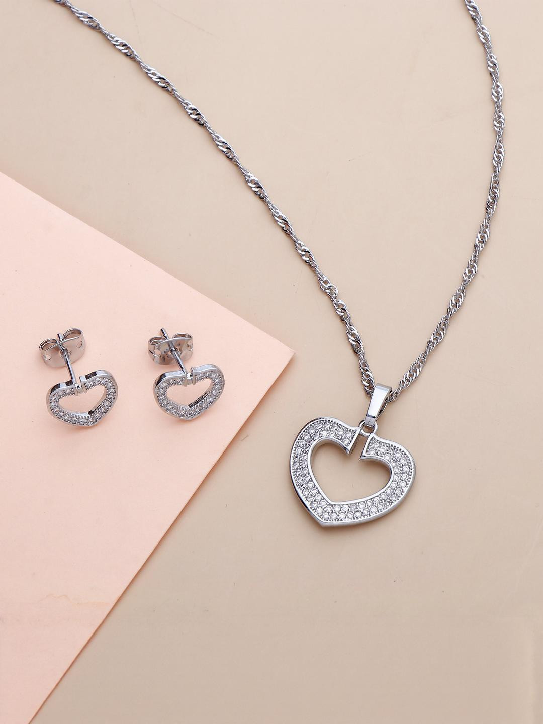 Archies Silver Plated Artificial Stone Studded Pendant with Earring Set