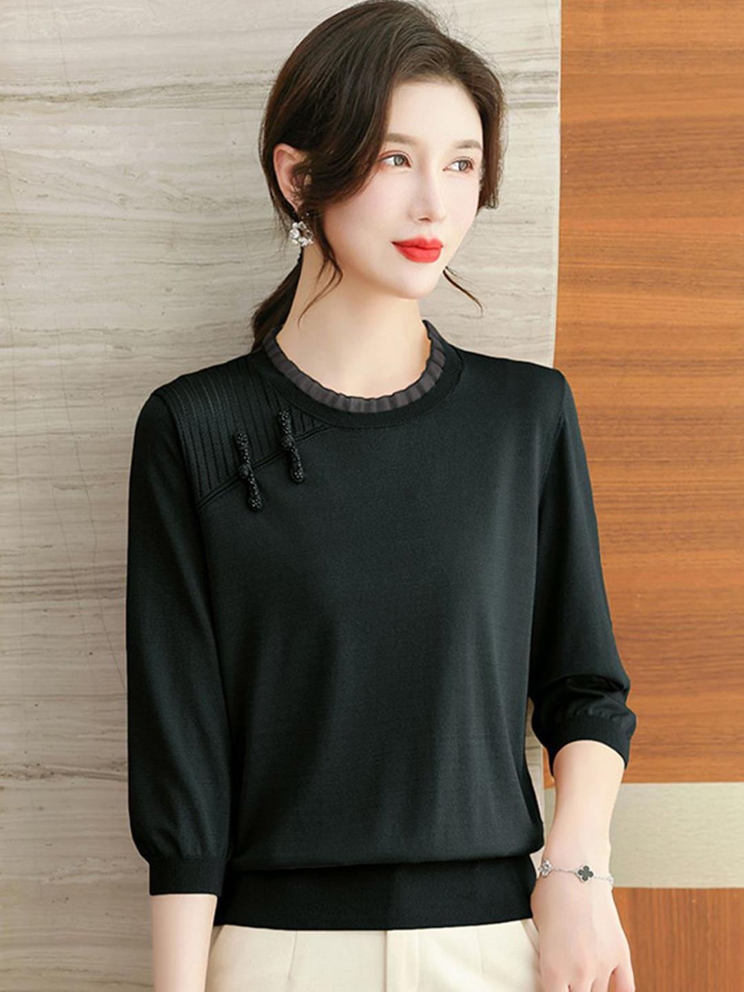 HERE&NOW Women Cotton Round Neck Three-Quarter Sleeves Ribbed Top