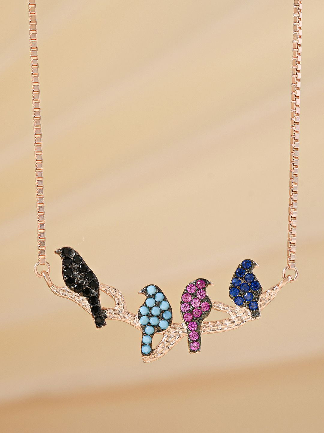 TOUCH925 925 Silver Artificial Stones Studded Colorful Bird Charm Minimal Necklace