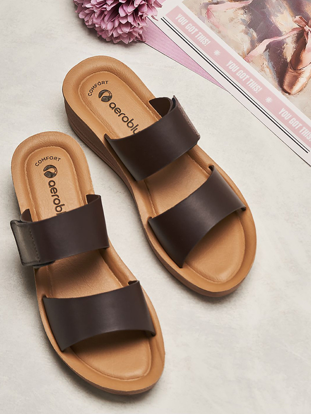 Aeroblu Women Open Back Open Toe Velcro Wedge Heeled Sandals