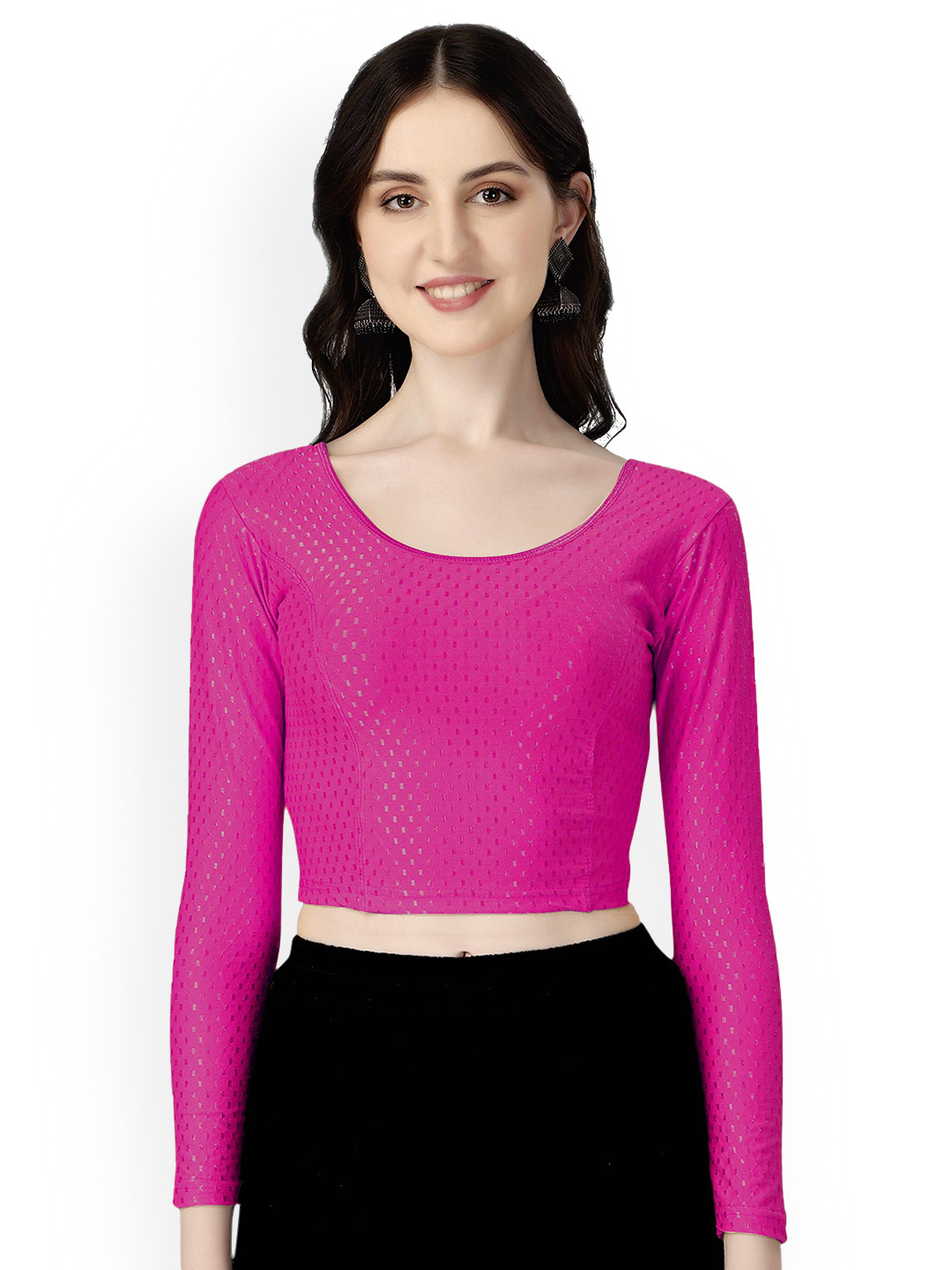 HERE&NOW Women Pink Round Neck Long Sleeves Stretchable Polyester Saree Blouse