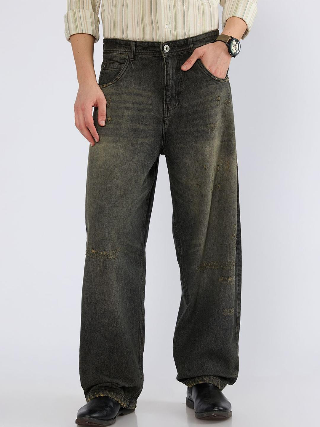 Espanshe Men Super Baggy Torn Mid-Rise Light Fade Jeans