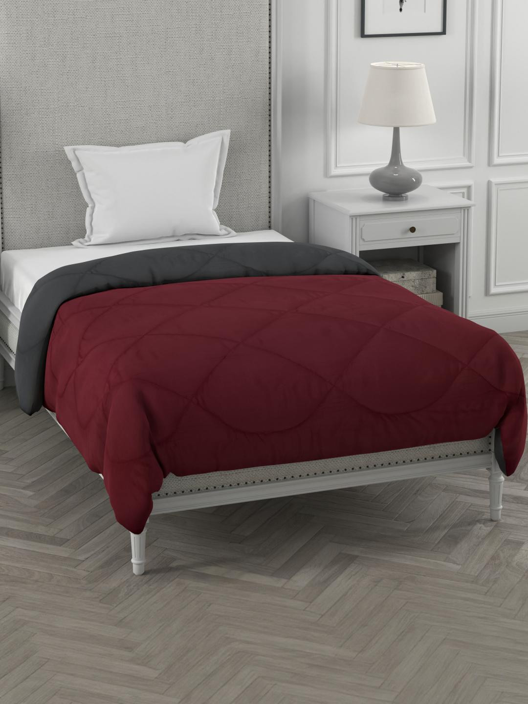 Myntra Elegant Homes Maroon Dark Grey Single Bed Light Weight Solid Comforter