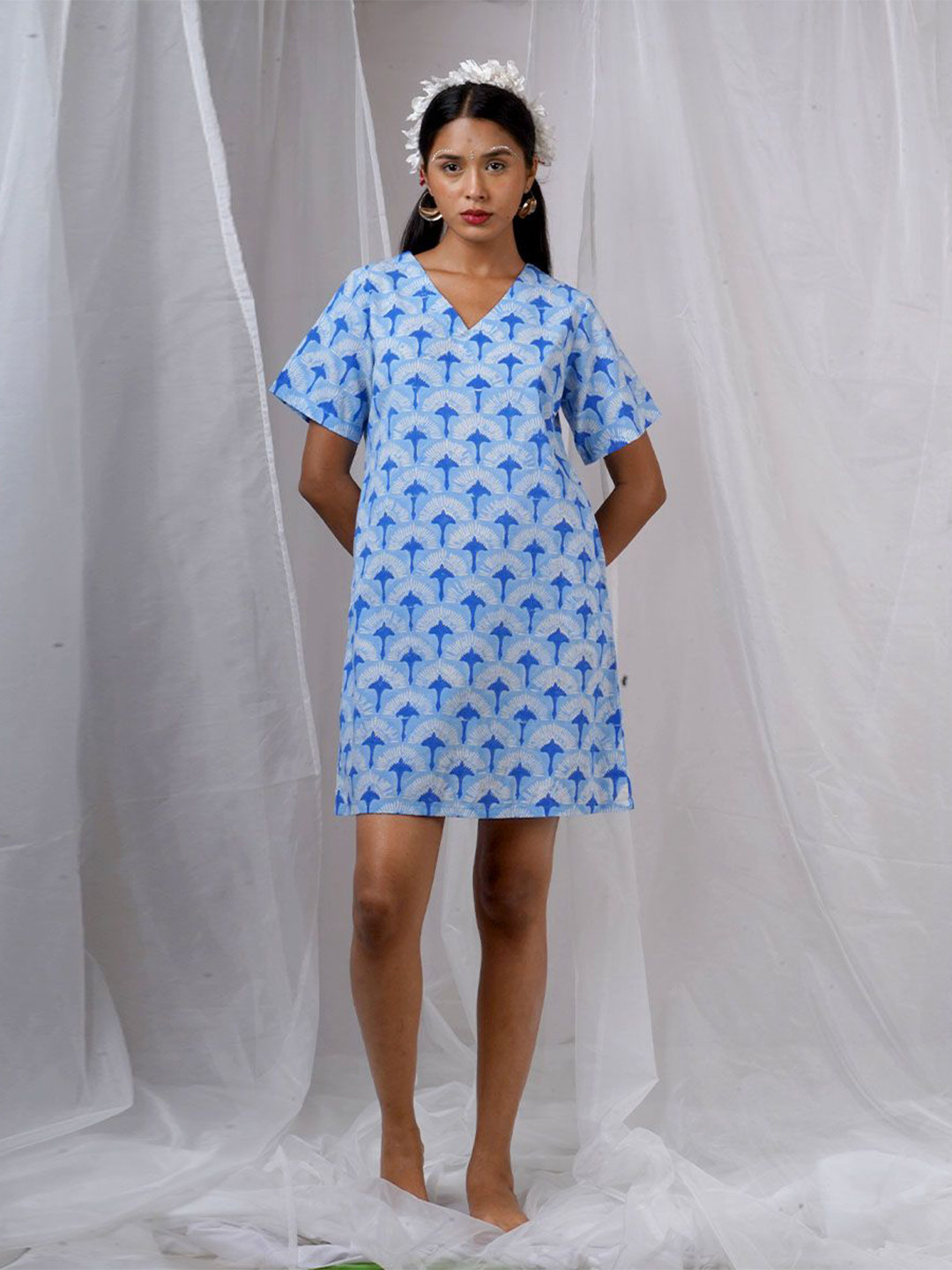 Chidiyaa Women Ira Blue Hand Block Printed Dress