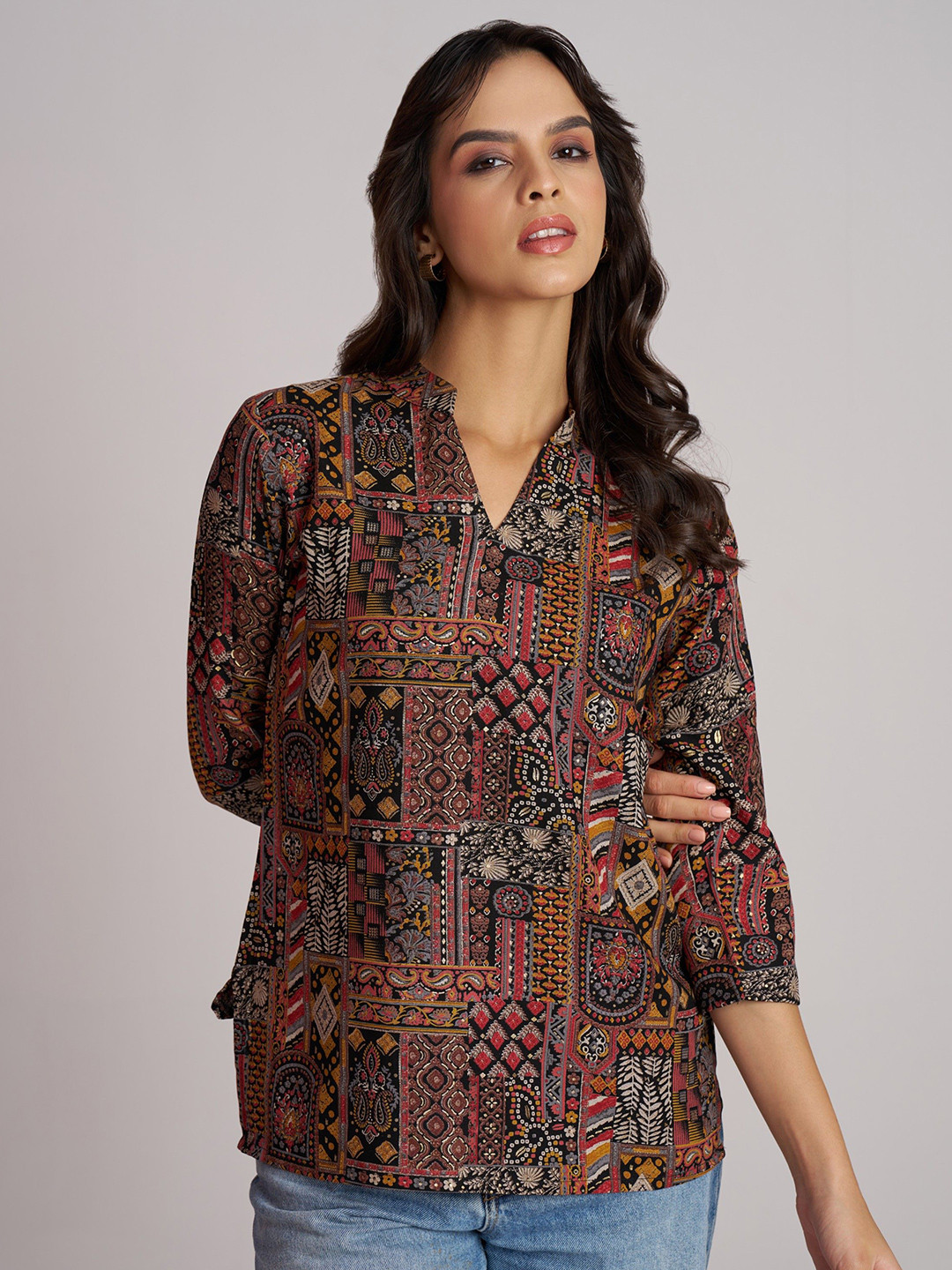 The Cloth Crow Ethnic Motifs V-Neck Top