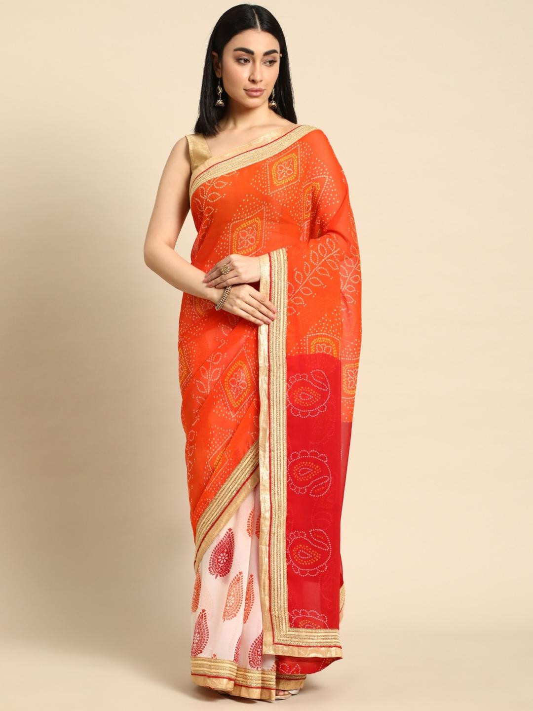 KALINI Orange Poly Georgette Bandhani Sarees