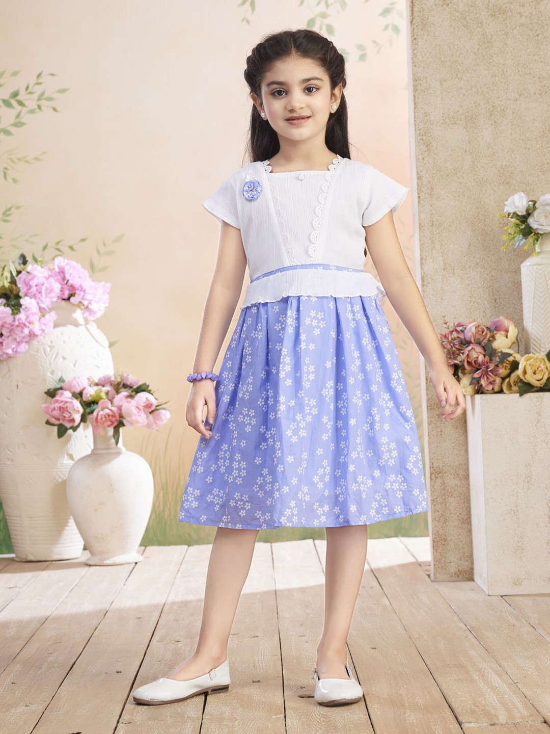 Aarika Girls Floral Printed Cap Sleeves Applique Fit & Flare Midi Dress