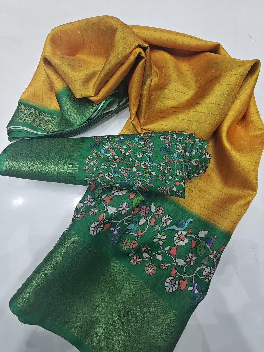 SSHAGUN LIFESTYLE Yellow & Green Printed Hand Batik Cotton Silk Saree