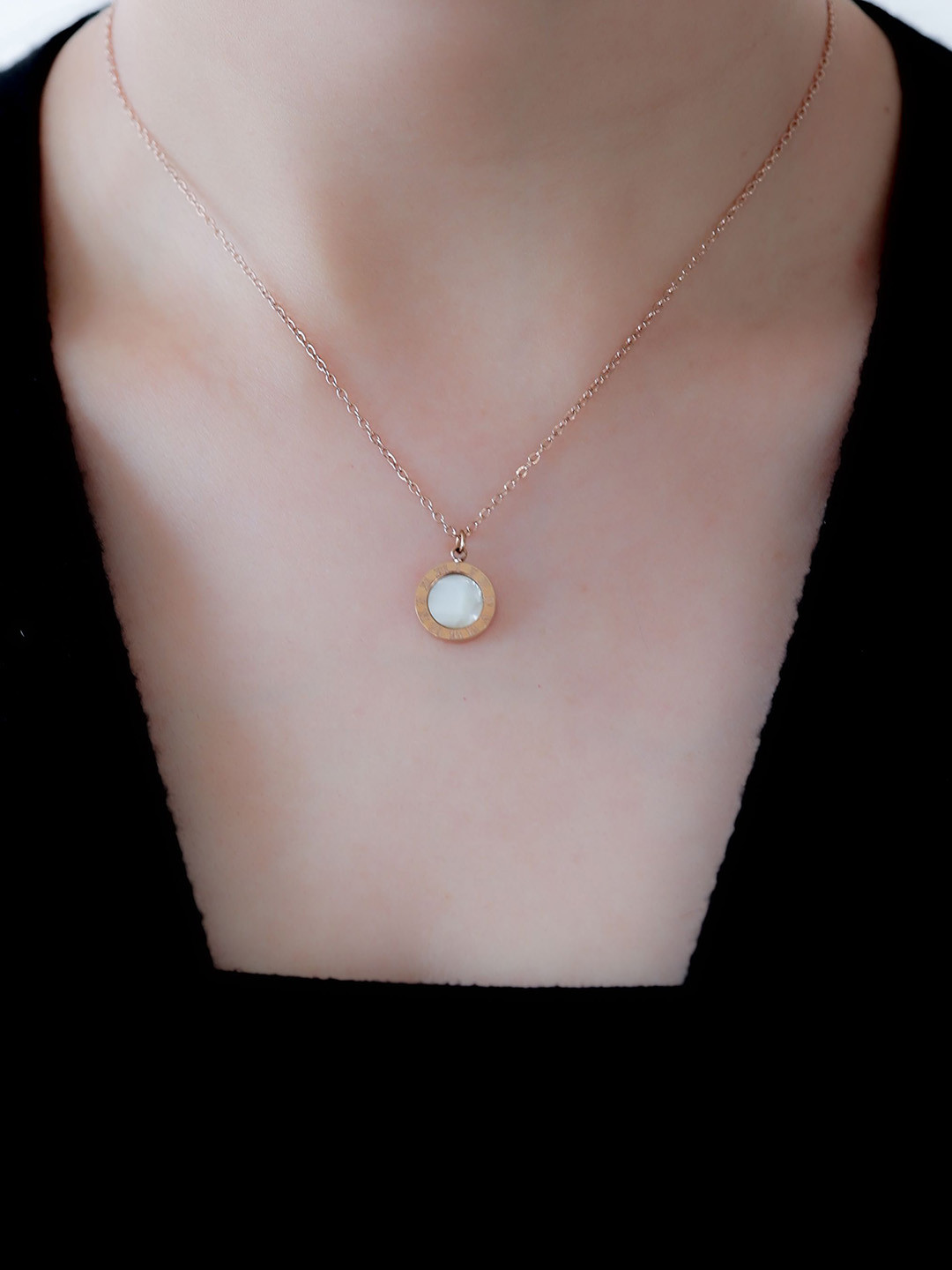 LOLO LePA Women Rose Gold-Plated Stainless Steel White Roman Coin Necklace