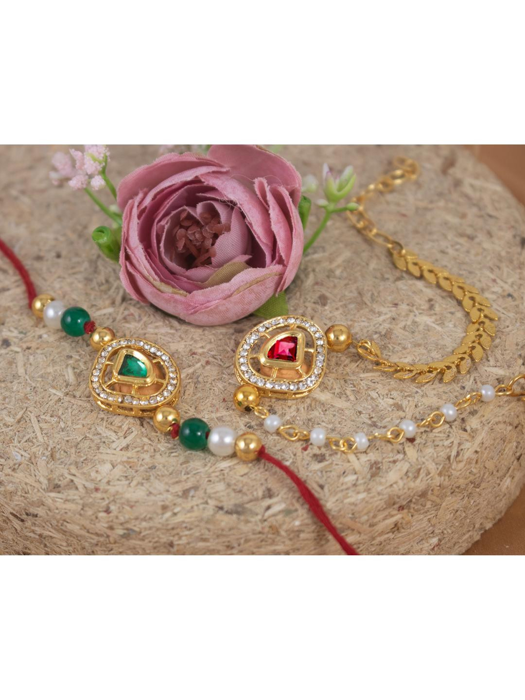 JFL - JEWELLERY FOR LESS Pack Of 2 Green Kundan And Pearls Studded Bhaiya Bhabhi Rakhi