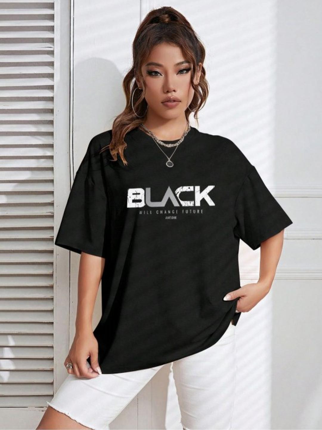 SZN Women Black Cotton Printed Tshirts