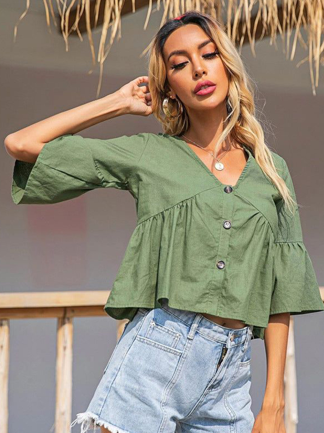 Outzidr Women Gathered Bell Sleeve Front Button Blouson Top