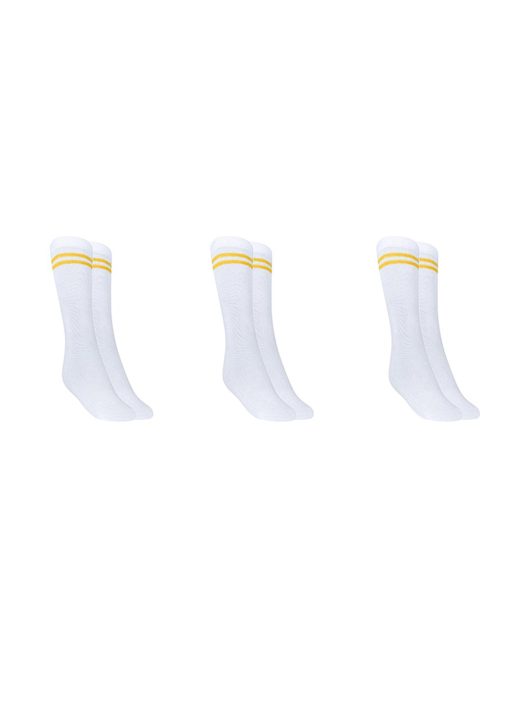 MUKHAKSH Kids 3 Pairs White Socks with Yellow Stripes Calf Length Socks