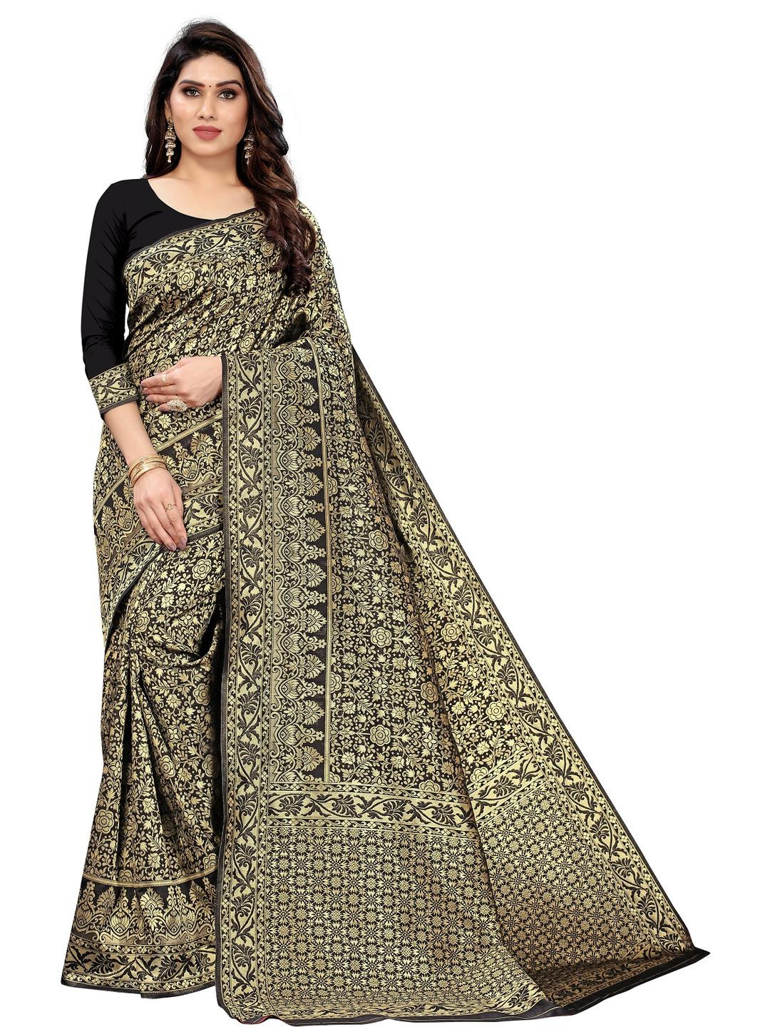 Kevami Fashion Black Poly Silk Kanjeevaram Sarees