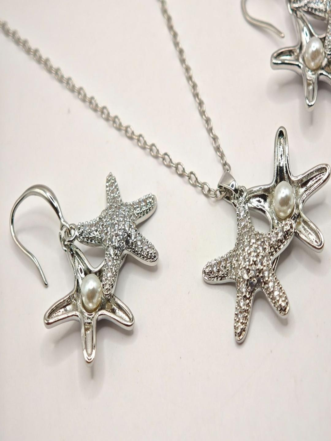 SAPRAA TRENDS Stainless Steel Rhodium-Plated AD Studded Double Layered Pendant & Earrings