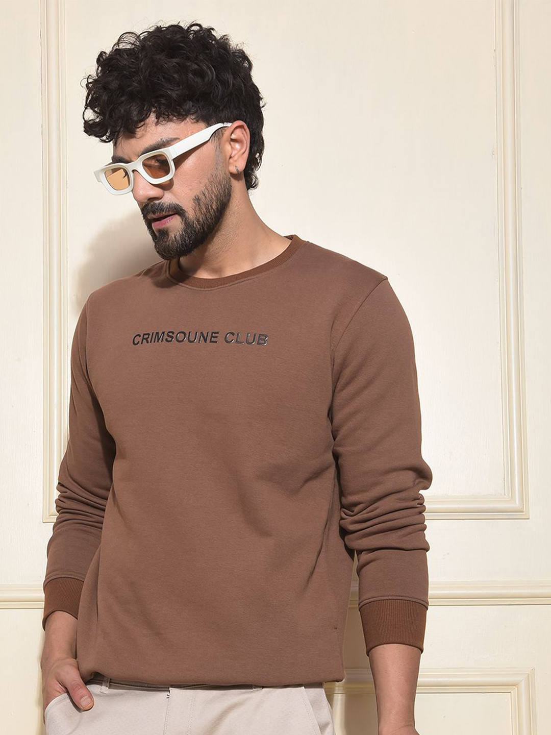 Crimsoune Club Men Brand Logo Round Neck Pullover Sweatshirt