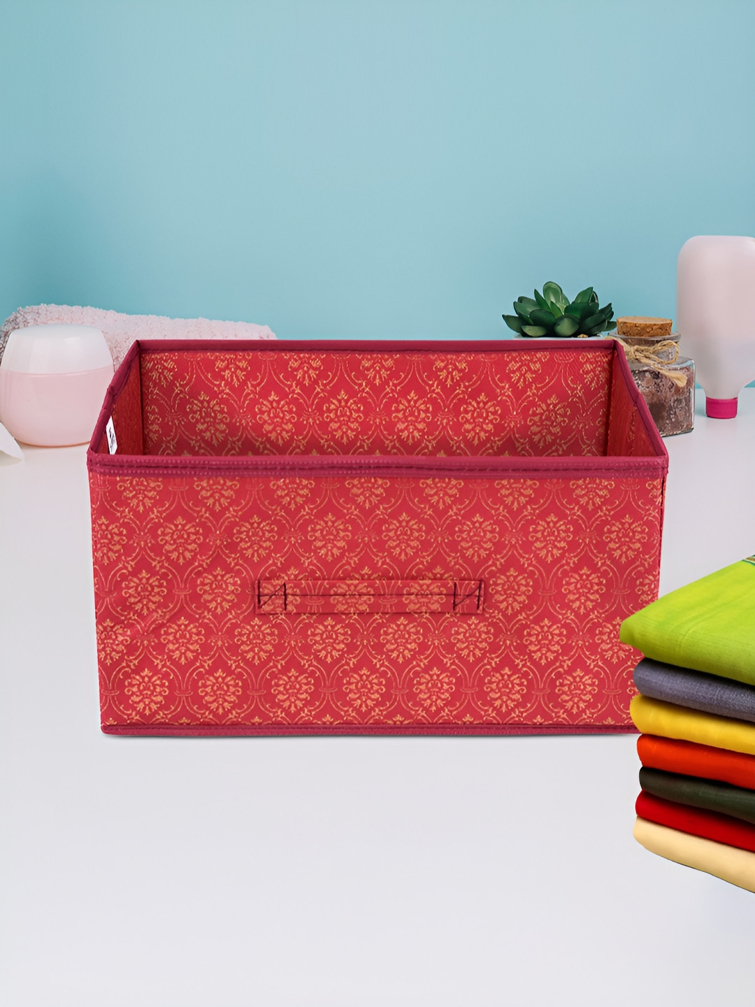Aura Maroon & Beige Printed Foldable Drawer Box Organisers