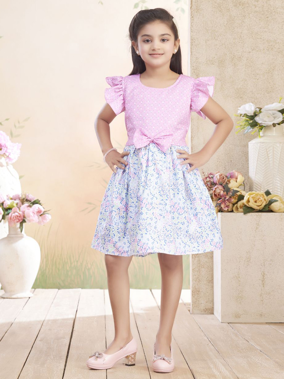 Aarika Girls Polka Dots Flutter Sleeve Fit & Flare Dress