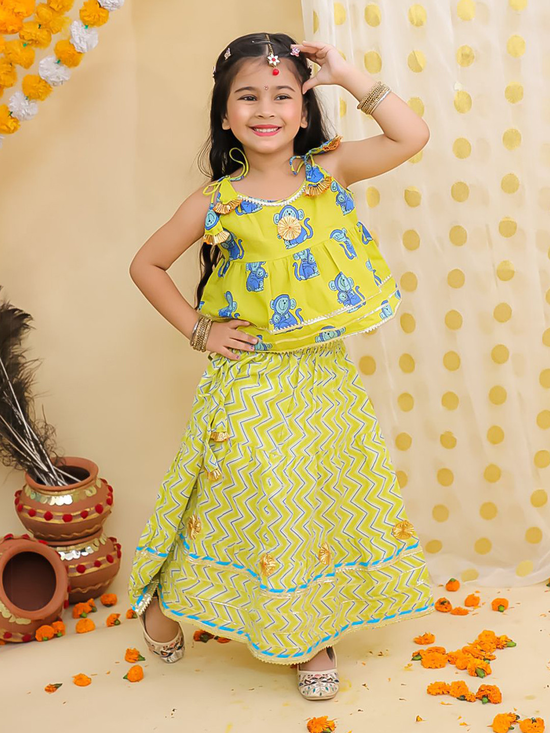 BownBee Girls Monkey Printed Gotta Patti Pure Cotton Ready to Wear Lehenga & Choli