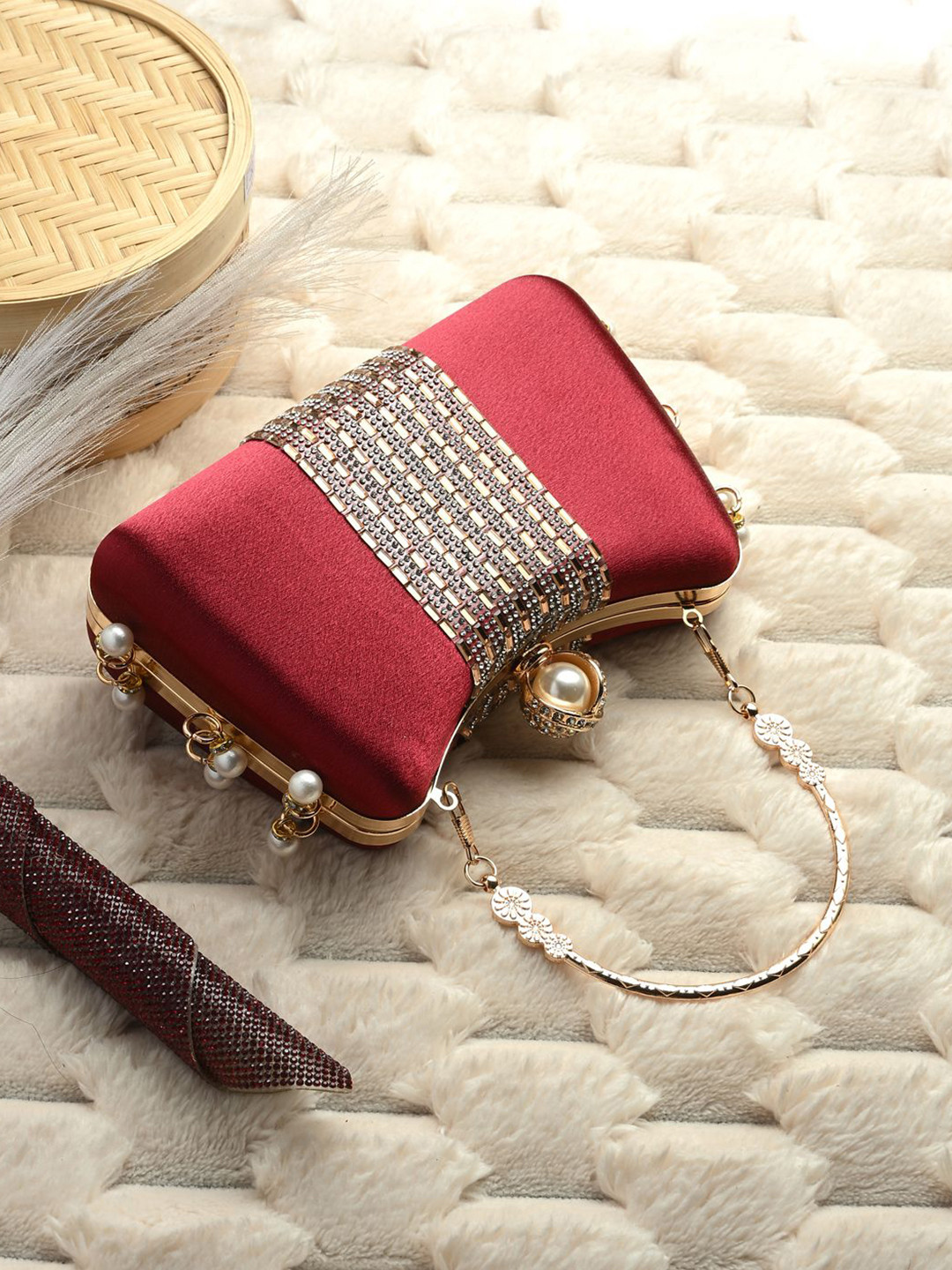 Toobacraft Pearls Beaded Envelope Clutch With Wrist Loop