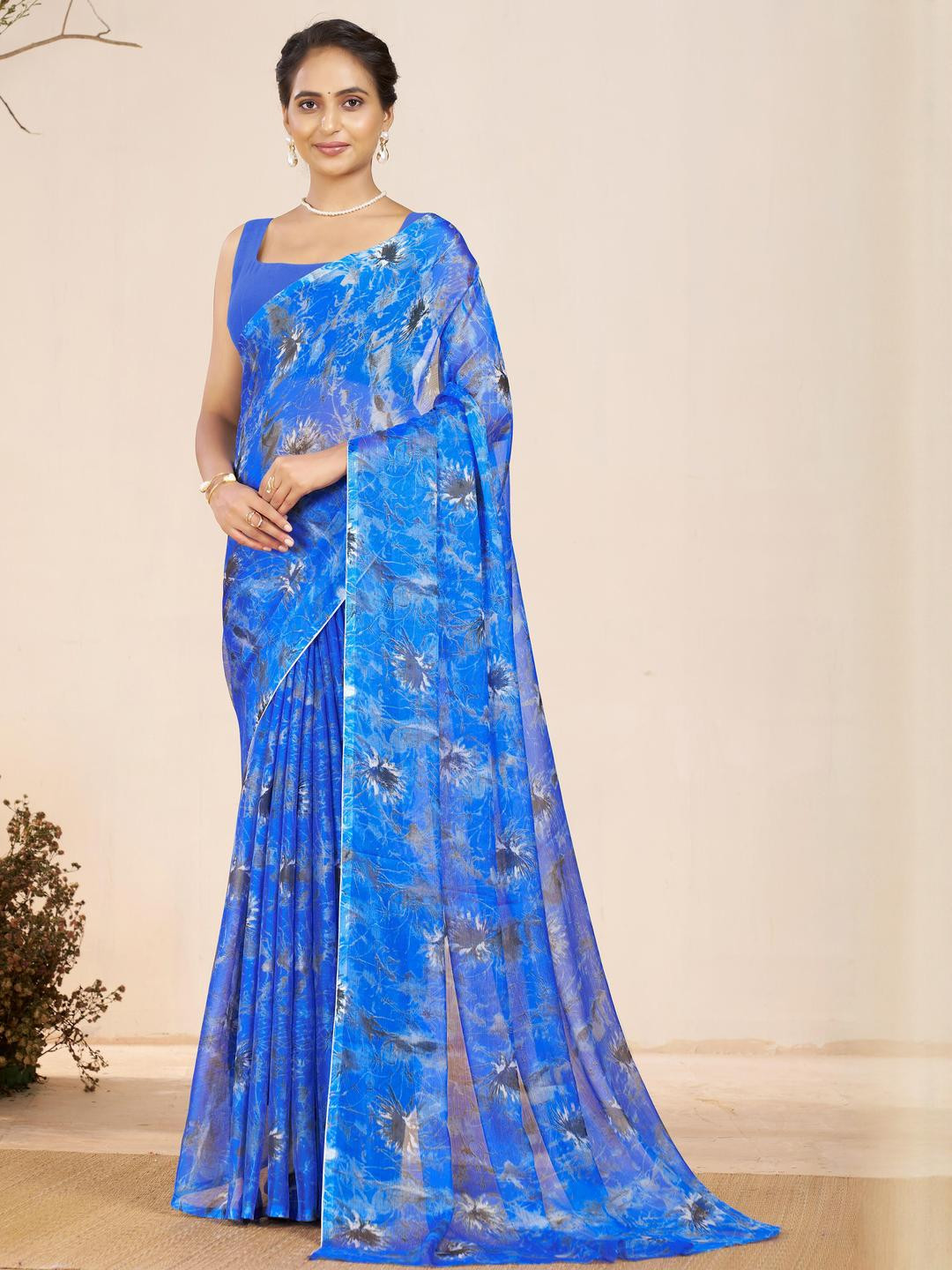 Garden Vareli Pure Chiffon Abstract Floral Printed Saree Without Blouse Piece