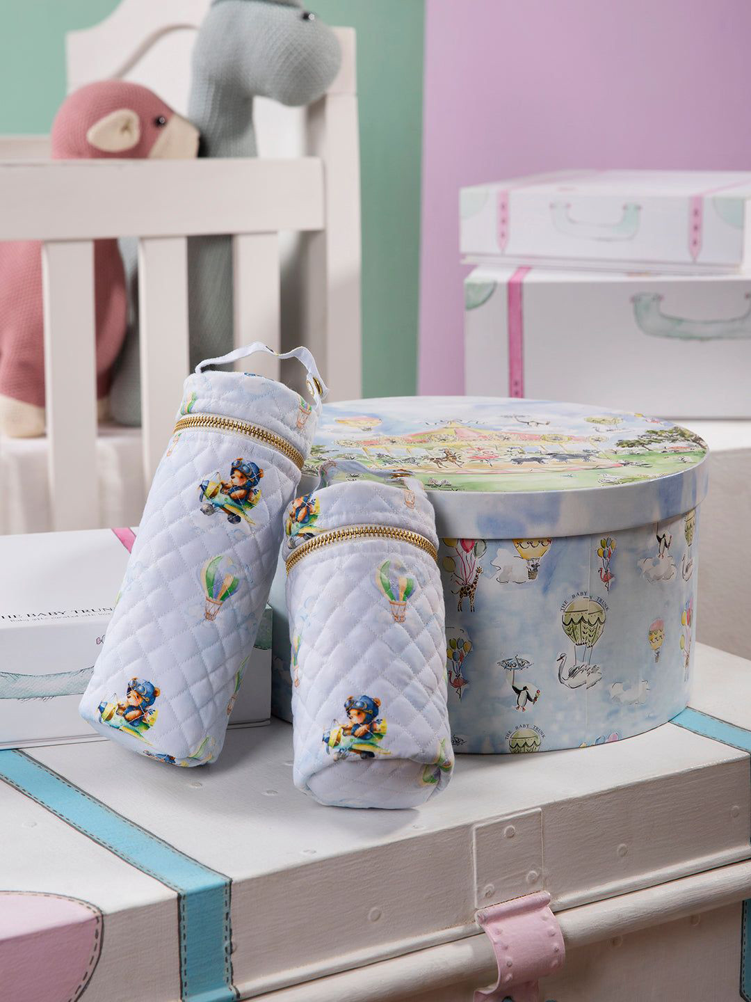 THE BABY TRUNK Infant Pack Of 2 Blue & Green Teddys Printed Egyptian Cotton Bottle Cover