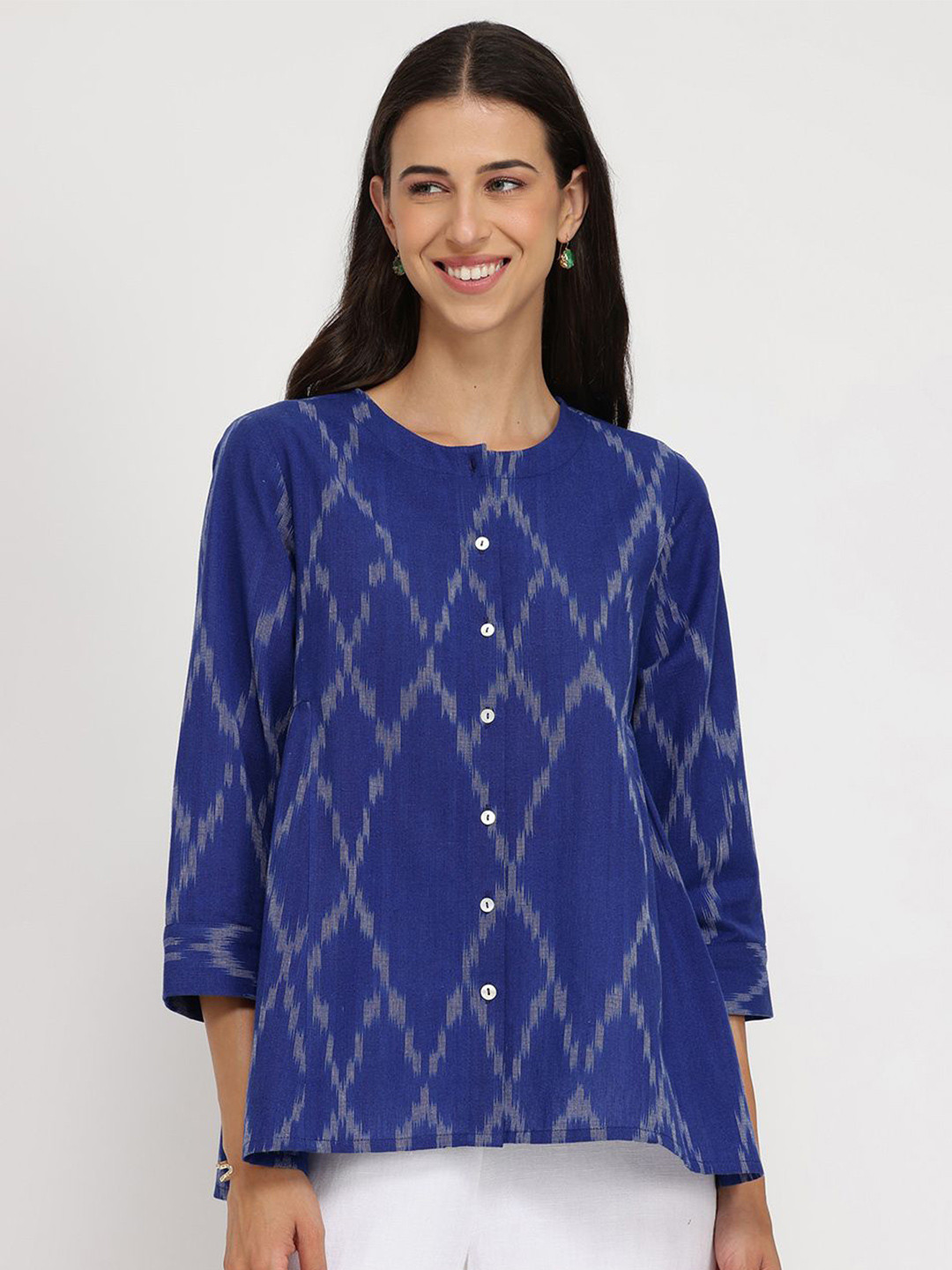 Pink Fort Women Blue Cotton Ikat Front Placket Top
