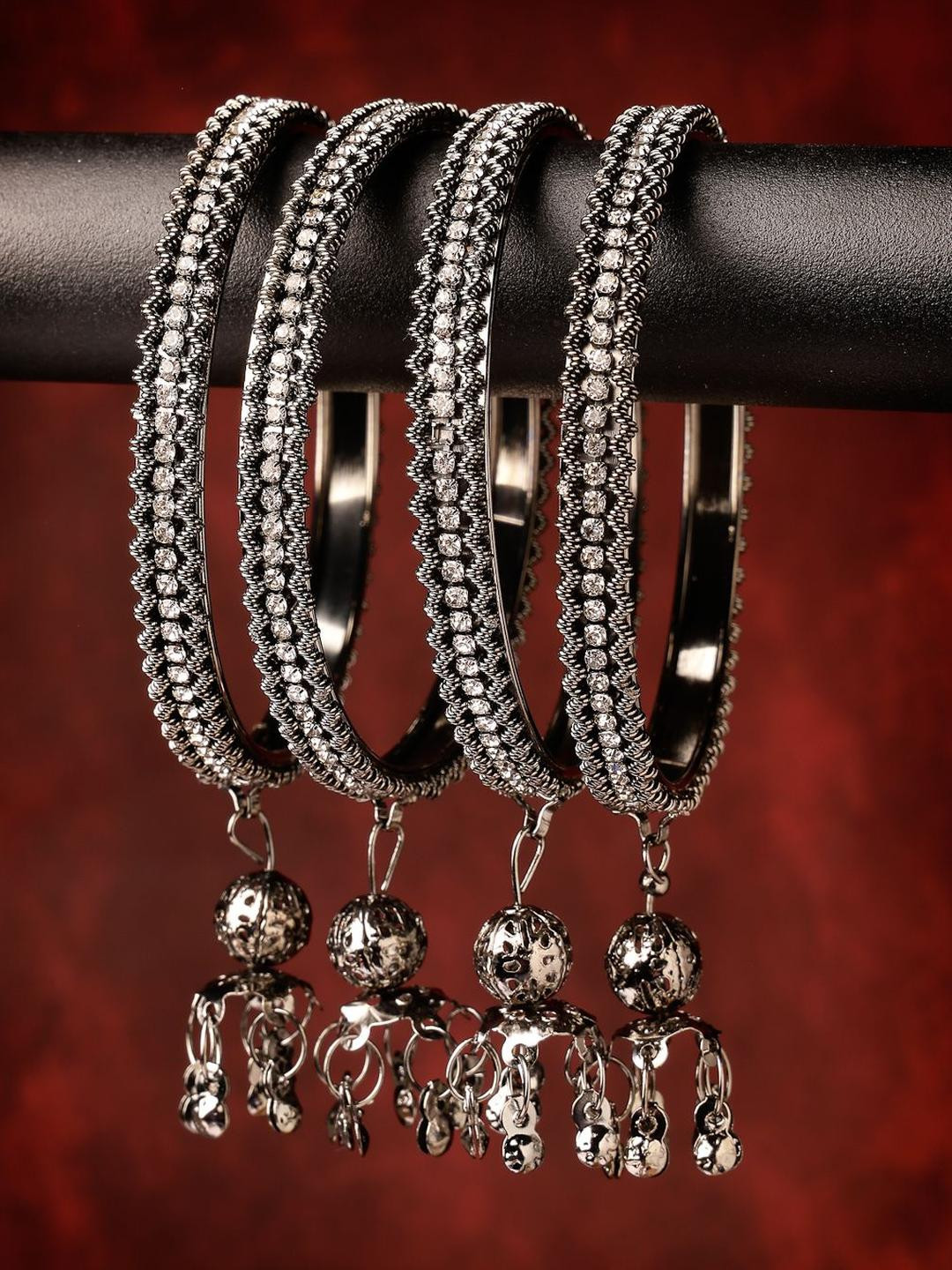 Sukkhi Women Rhodium Plated Set Of 4 American Diamond -Studded Bnagles