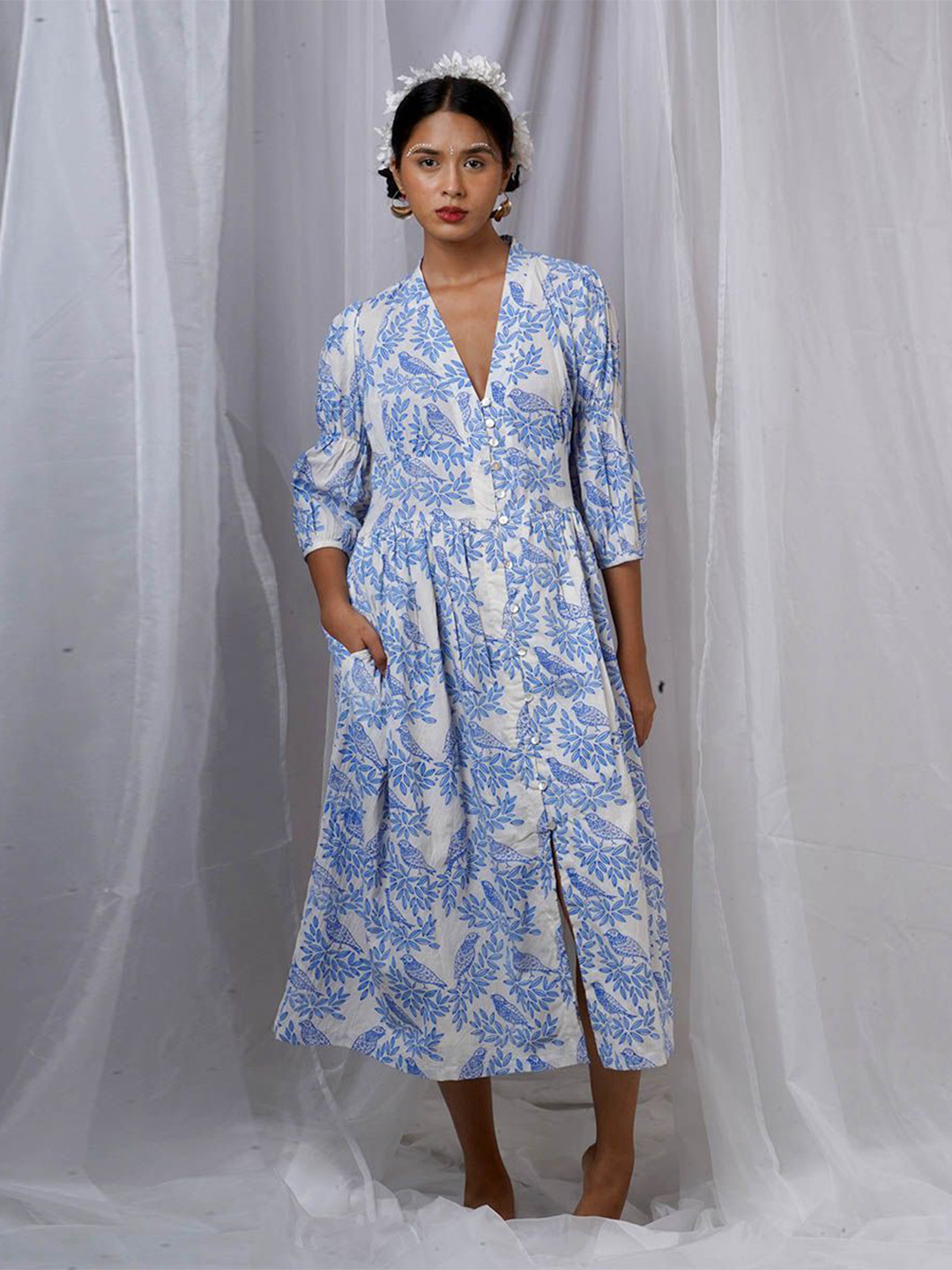 Chidiyaa Neyra Ivory Blue Hand Block Printed Dress