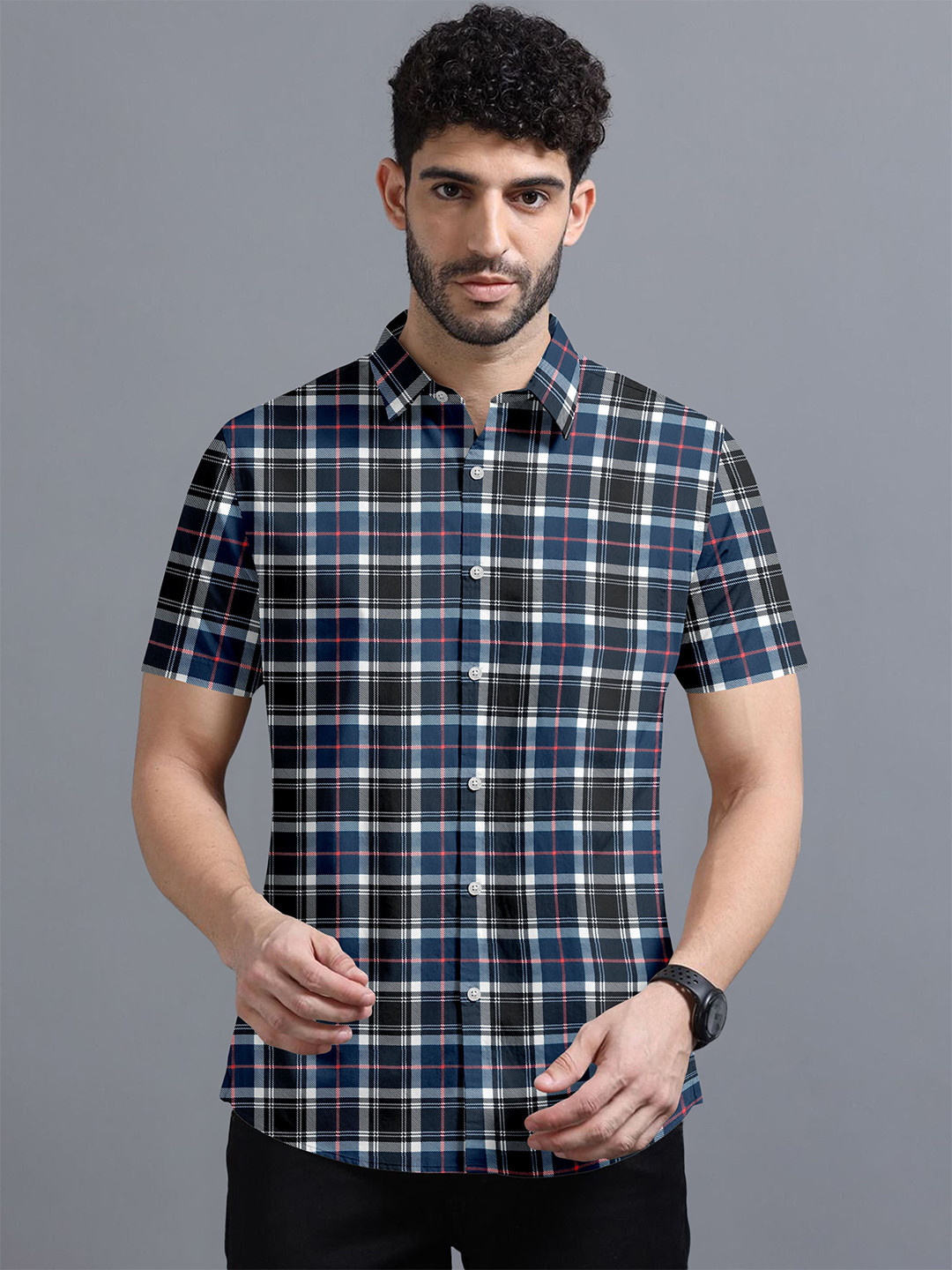 SANBROS Men Classic Fit Checked Spread Collar Cotton Casual Shirt
