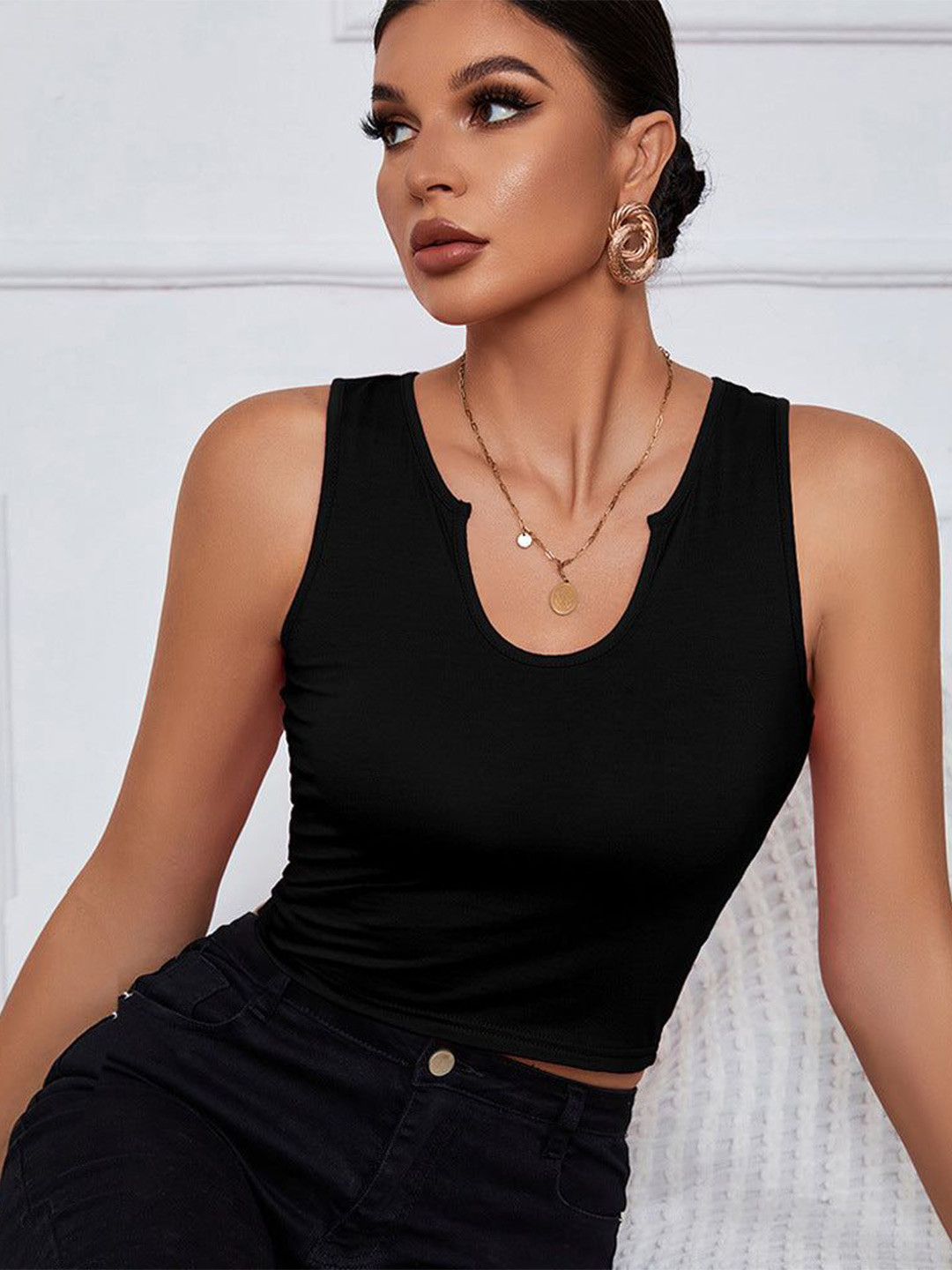 Outzidr  Women U-Cut Out Neck Crop Top