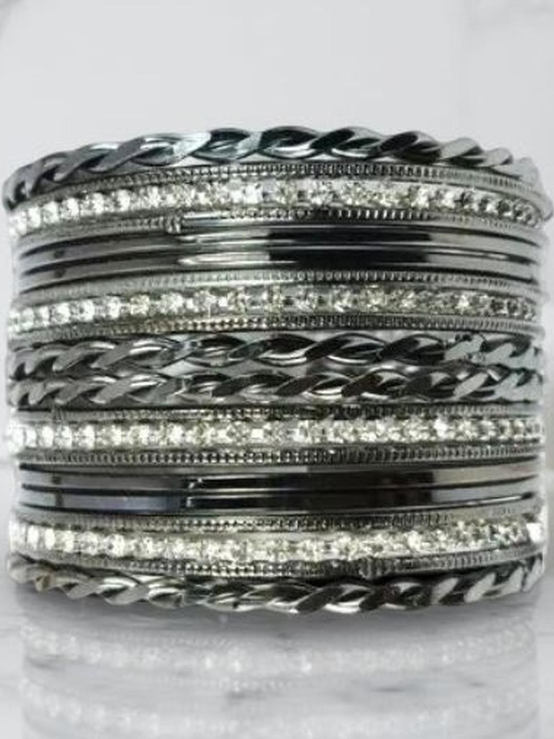 Balasundri Women Metal Cubic Zirconia Black Silver Bangle Set