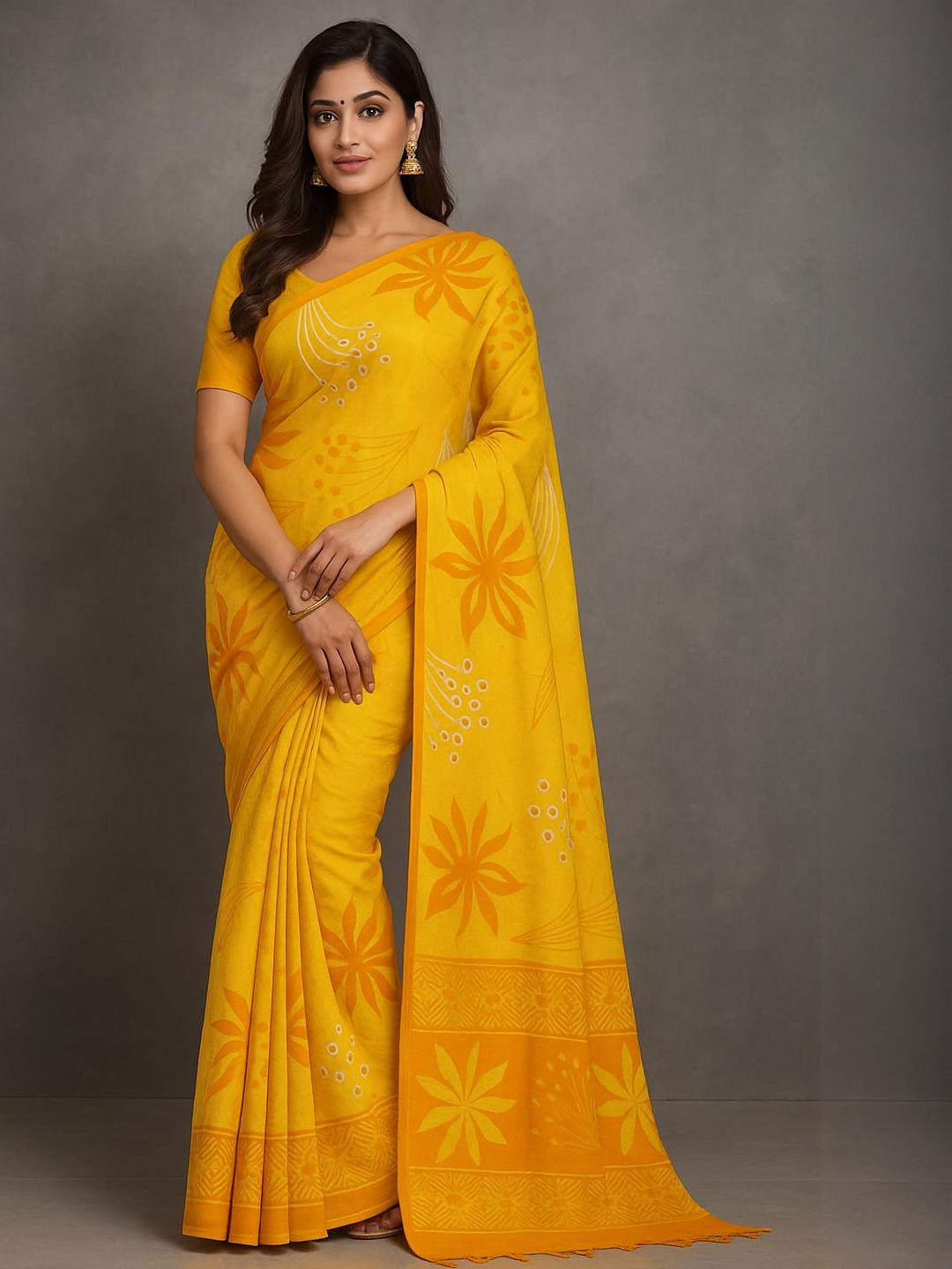 Silakaari Yellow Cotton Blend  Sarees