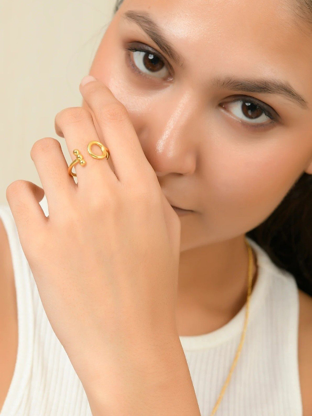 WOOYOU 925 Sterling Silver Gold-Plated Beam Open Finger Ring