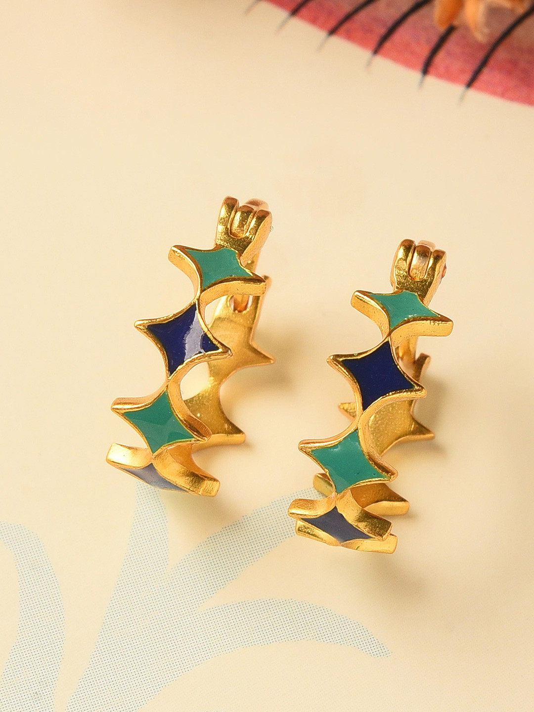 JAYPORE Silver Gold-Plated Star Shaped Enamelled Hoop Earrings