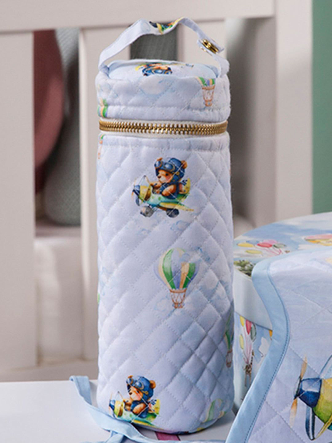 THE BABY TRUNK Infants Blue & Brown Teddy's Printed Egyptian Cotton Bottle Cover 260 ml