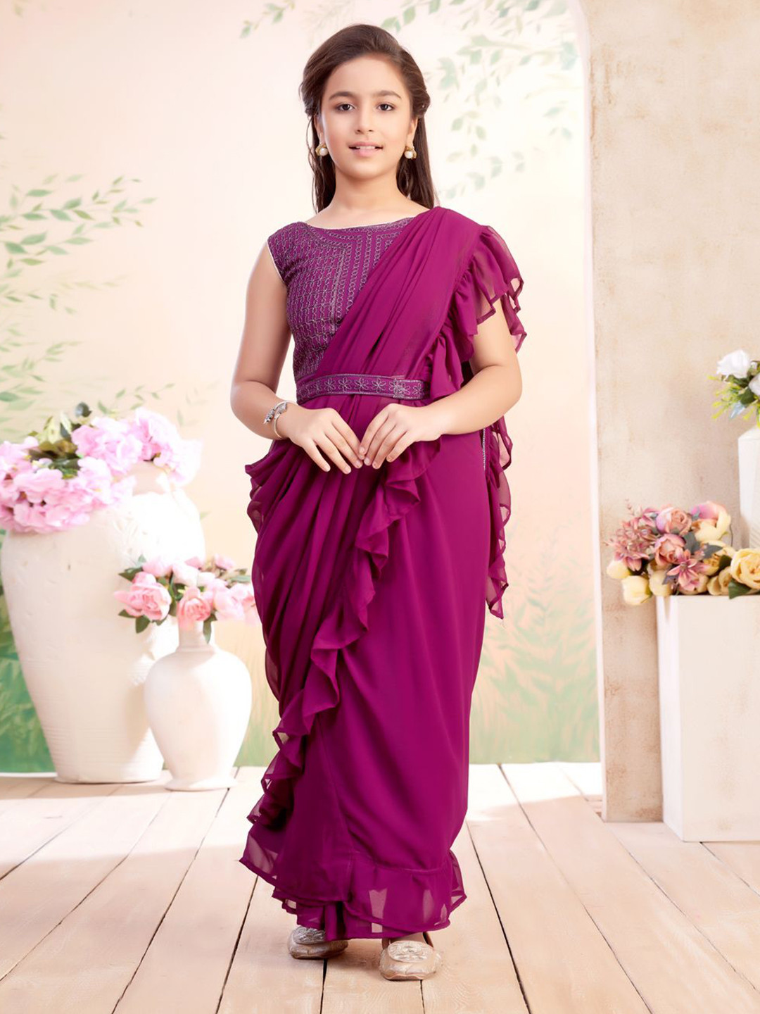 Aarika Girls Sequin Embroidered Georgette Choli & Lehenga Saree With Attachable Dupatta